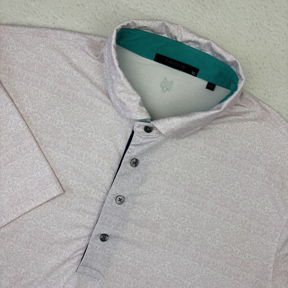 GREYSON Mens Performance Polo Shirt XL Pink AOP Lightweight Golf No Logos EUC
